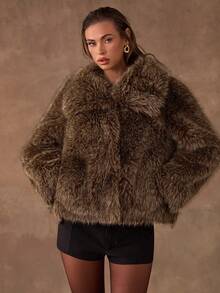 SHEIN BAE Women's Elegant Faux Fur Coat In Shades Of Brown,Winter Oversized Warm Outerwear For Night Out,Parties And Travel,Solid-Color Long-Sleeve Style - Coffee Brown - View 4