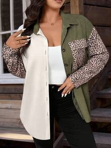 SHEIN Tall CURVE Áo khoác nhẹ họa tiết da báo cổ điển cỡ lớn cho nữ màu tương phản - Nhiều màu - Xem 3