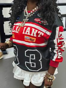 Rovax Women's Standard Size Colorblock Creative Pattern Casual Crew Neck Sweatshirt