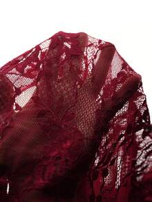 Y2K Amplova Romantic Christmas New Year Thanksgiving Party Red Lace Hollowed-Out Tight Long Sleeves Semi-Transparent Sexy Baroque Style Women's Lace Sexy Semi-Sheer Bodysuit - Burgundy - View 6