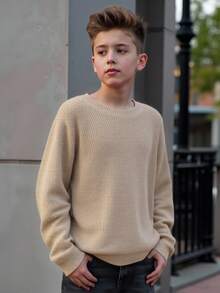 青少年男孩休闲圆领长袖宽松罗纹针织毛衣，适合居家、外出、聚会、返校 - 卡其色 - 查看 7