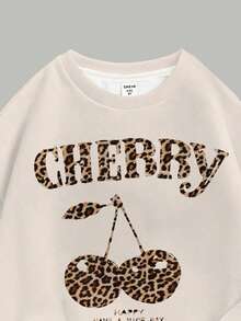 SHEIN Tween Girl Leopard Print Cherry Pattern Sweatshirt And Leggings 2-Piece Set,White,Autumn,Cute,School,Back-To-School,Vintage American Collegiate Vibe - Multicolor - View 5