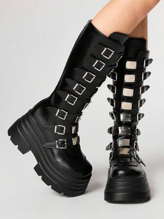 Grunge Punk Women's Dark Rock Punk Gothic Boots With Metal Belt Buckle, Chunky Heel Thick Sole Over-The-Knee High Boots, Party Mid-Calf Boots, Halloween