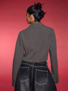 Normani Tailored Cropped Blazer Notched Lapel Single Breasted Elegant Professional Business Casual Vacation Fall Winter Autumn Work Office Old Money Date Night Going Out Back To School Wedding Guest Christmas Suit Cute Everyday Capsule Wardrobe - Brown - View 2