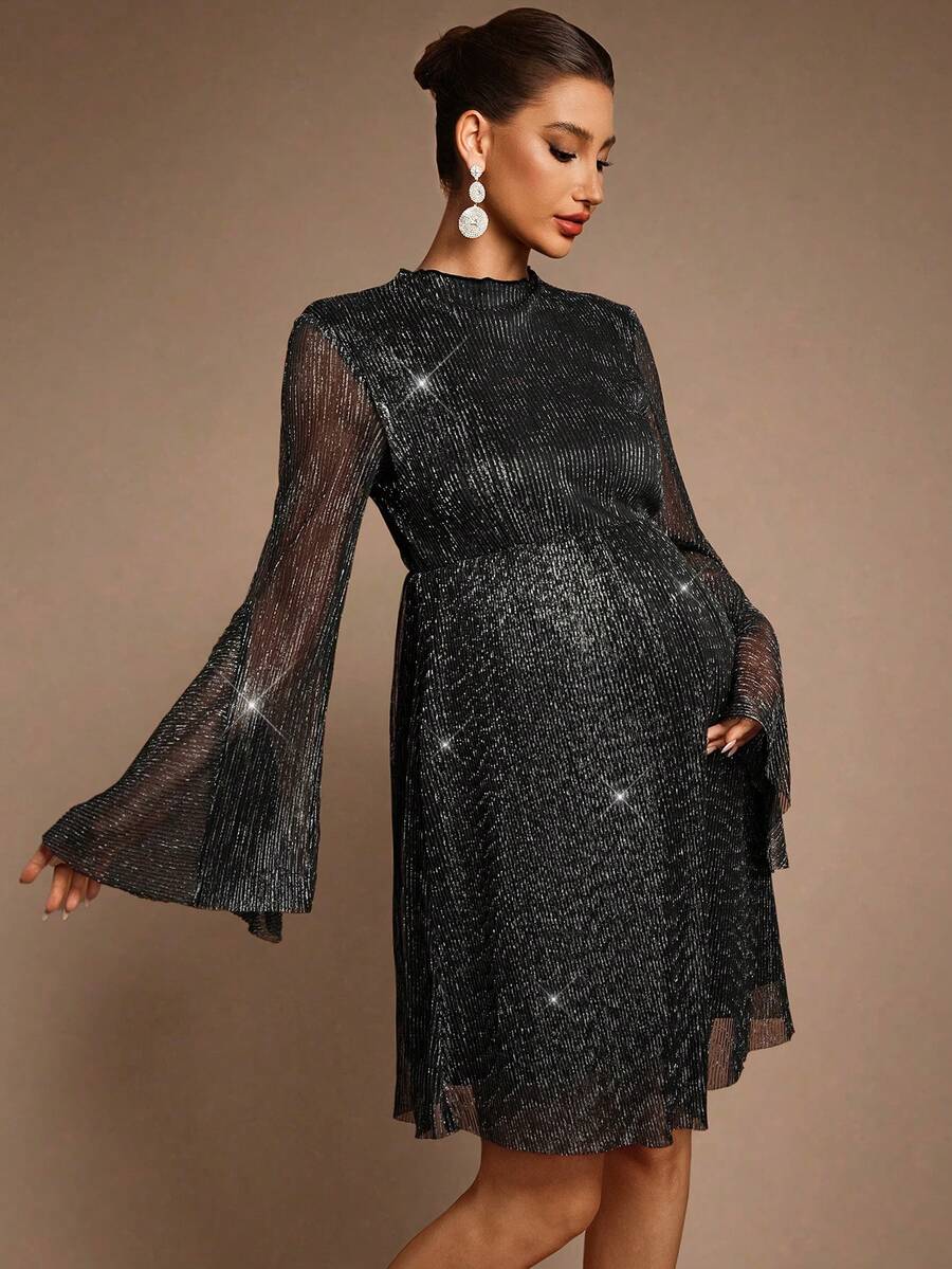 MaterniChic Autumn Black Elegant Formal Maternity Dress,Stand Collar Flare Sleeve Sequin Evening Pregnancy Dress For Photoshoot,Shiny Glitter Pregnant Party Gown - Black - View 1