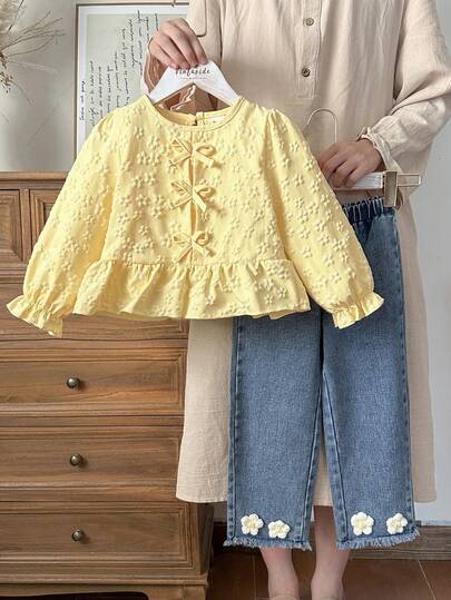 Vintaside Kids 2pcs Toddler Girls Cute Country Style Bowknot Yellow Jacquard Long Sleeve Top And 3D Floral Decor Denim Pants Set, Suitable For Autumn Casual Outings
