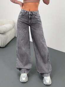 EURMUSE Low Waist Wash Detailed Wideleg Jean - Grey - View 6