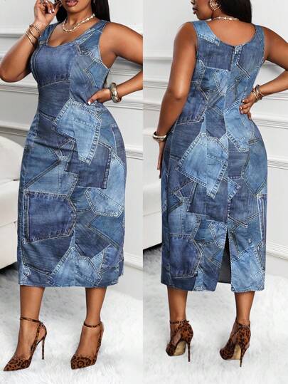 Slaydiva Plus Size Women Summer Fashion Sleeveless Denim Dress Denim Patchwork Dress Denim Dress Curve Blue Jean Dress Women Denim Midi Dress Denim Dress For Curvy Woman Curve Denim Dress  Christmas Dress New Year Dress Long Party Dresses  Casual Dress