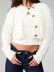 MISSGUIDED Cable Knit Cropped Cardigan And Ribbed Tank Vest Set For Women Fall Winter Layering Co-Ord - Apricot - View 5