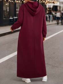 EMERY ROSE Váy nỉ trùm đầu lót nhiệt màu trơn cỡ lớn dành cho nữ, mùa thu/đông - Màu Đỏ Sâu - Xem 2