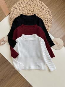 3pcs/Set Babygirl Solid Color Elastic Long Sleeve Knit Base Layer Top, Suitable For Indoor, Outdoor Skiing, Daily Wear, Sports, Play, Party, Photography, Christmas Season, Autumn/Winter - Multicolor - View 4