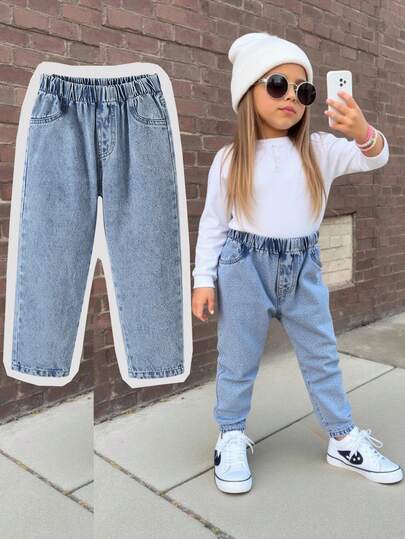 Elladie kids 年轻女孩百搭款牛仔裤，复古浅蓝色牛仔色，锥形剪裁，舒适棉质面料，适合休闲外出，时尚百搭