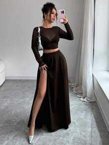 SHEIN Unity 2 件女式网眼拼布 T 恤和长裙套装，极简性感装扮，适合度假、情人节、音乐节、返校、日常穿着、春夏季，长袖 - 咖啡棕 - 查看 4