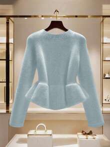 GlowEve White Sweater Women Chic Waist Ruffle Hem Short Cardigan, Unique Metal Button Decor, Fashionable Ladies Knit Jacket