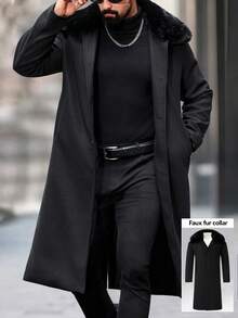 Manfinity Homme 男士黑色中长款毛领大衣，通勤装 - 黑色 - 查看 1