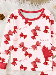1set Baby Girls' Pink Bow & Letter Print Crew Neck Long Sleeve Snug Fit Pajama Set, Suitable For Christmas Gift