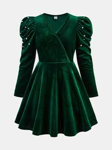 SHEIN Đầm dự tiệc nhung xanh cổ chữ thập tay lỡ thanh lịch cho bé gái tuổi mới lớn, thích hợp cho các dịp tiệc tùng, năm mới, giáng sinh, thu/đông - màu xanh lá - Xem 9