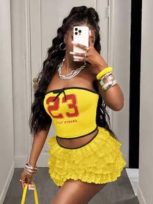 Slaydiva 2025新款夏季音乐节返校季休闲街头运动甜美Y2K抹胸黄色撞色边绿色23数码印花短背心+多层蕾丝蛋糕裙黄色迷你裙裤子女两件套-A - 黃色 - 查看 6