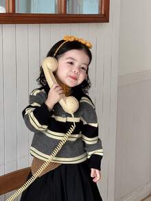 DAZY Toddler Girls' Regular Turndown Collar Striped Korean Style Casual Long Sleeve Sweater, Autumn/Winter