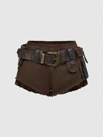 Grunge Punk Y2K Kpop Distressed Cargo Pocket Decorated Super Low-Rise Mini Denim Shorts