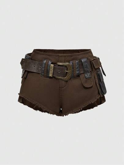 ROMWE Grunge Punk Y2K Kpop Distressed Cargo Pocket Decorated Super Low-Rise Mini Denim Shorts