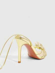 CUCCOO SZL Women's Gold Metallic Camellia Decor Lace-Up Sexy Elegant French Romantic Pointed Toe High Heel Sandals - Gold - View 4