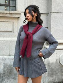 SHEIN EZwear Set de 2 suéteres casuales de punto holgados con cuello alto y hombros caídos para mujer - Gris - Ver 1