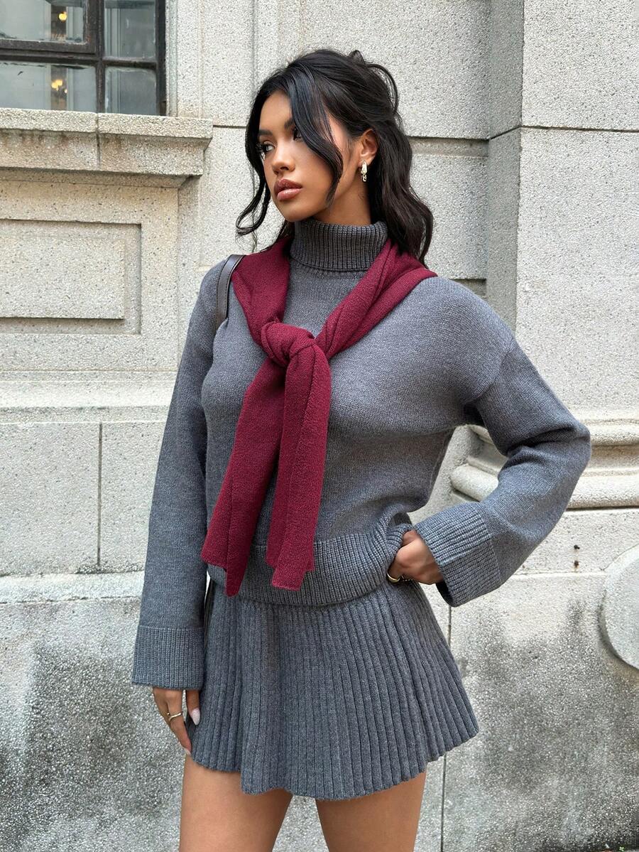 SHEIN EZwear Set de 2 suéteres casuales de punto holgados con cuello alto y hombros caídos para mujer - Gris - Ver 1