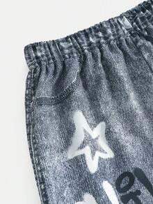 Girlism 青少年女孩秋冬黑色针织羊毛连帽衫，带 3D 耳朵设计和涂鸦印花阔腿牛仔裤两件套