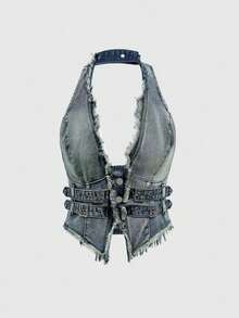 ROMWE Hippie Y2K Baddie Streetwear Sexy V-Neck Distressed Denim Crop Top For Women