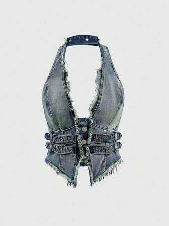 Hippie Y2K Baddie Streetwear Sexy V-Neck Distressed Denim Crop Top For Women