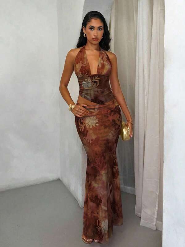 Glamine Vacay Vibes Floral Beach Graphic Print Women's 2pcs Summer Vacation Set, Halter Neck Tied Crop Top And Asymmetrical Ruffle Hem Skirt, Coral, Pink, Ocean Elements, Random Floral Prints Fall Women Clothes Back To School Halloween, Christmas