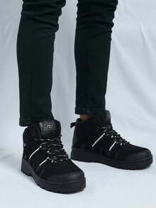 Bota para hombre malla transpirable refuerzo sintético punta redonda cordones suela gruesa outdoor trekking diario - Negro - Ver 3