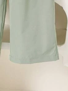 SHEIN Playful Pals 2pcs/Set Young Girl Stylish & Sweet Bow Decor Top + Wide Leg Pants Outfit, Spring/Autumn - Green - View 3
