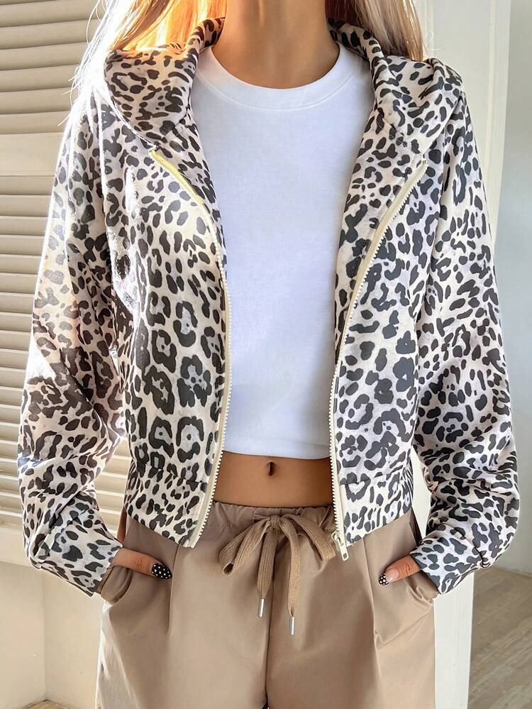 Women's Leopard Print Cropped Hooded Zip-Up Casual Street Style Sweatshirt, Autumn/Winter Hoodies