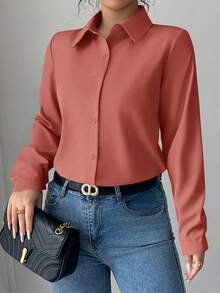 Elenzga Women's Solid Color Minimalist Long Sleeve Shirt, Casual Everyday Wear - Redwood - View 5