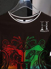 HARRY POTTER X SHEIN Women's Casual Patchwork Striped Badge Print Round Neck Short Sleeve T-Shirt, Summer Graphic Tops Graphic T-Shirts - White - View 4