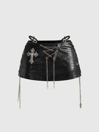 ROMWE Avant Minifalda ajustada de cintura súper baja con decoración de accesorio de motociclista retro Gyaru para mujer