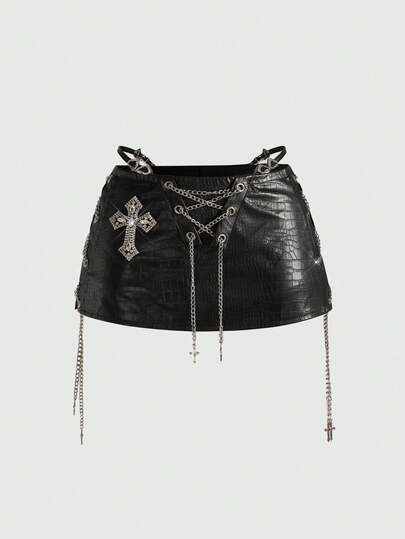 ROMWE Avant Gonna mini attillata in vita bassa con accessori decorativi in stile retrò gyaru e motociclista in PU