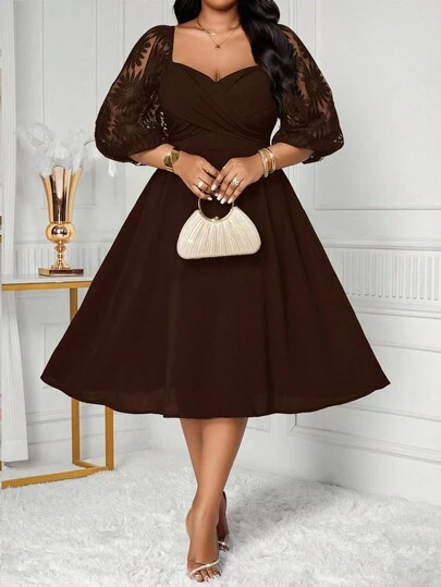 SHEIN Lady 加大码纯色长袖连衣裙，简约时尚，适合夏季复活节连衣裙女士毕业礼服婚礼宾客礼服女士婚礼宾客礼服女士商务休闲女士