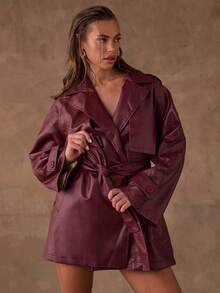 SHEIN BAE Women's Autumn/Winter Leather Belted Trench Coat In Solid Red The Perfect Choice For Commuting And Everyday Wear. This Red Leather Trench Coat Is An Elegant Outerwear Piece - Burgundy - View 5