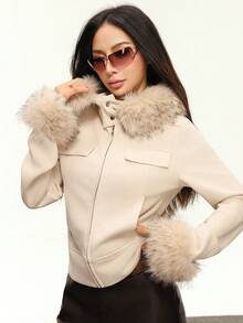 Rina Fox 女士时尚毛绒装饰连帽仿麂皮毛皮夹克 - 杏色 - 查看 1