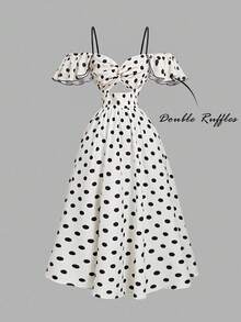 SHEIN MOD Women's White With Black Polka Dots Off-Shoulder Dress,Vintage Summer Tea Party Elegant Party Dress,Christmas New Year Thanksgiving Prom Formal Dress - Black and White - View 5