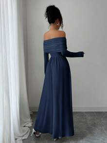 Elenzga Gaun Wanita Lengan Panjang Berlipit Tanpa Bahu dengan Warna Polos - Royal Blue - View 2