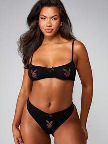 Missguided x Playboy Rhinestone Bunny Print Bandeau Bralette And Thong Lingerie Set Festival Rave Outfit - Black - View 1