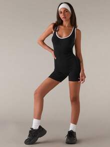 SHEIN BAE 撞色饰边露背挂脖修身运动连体衣 - 黑色 - 查看 7