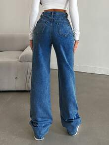 EURMUSE Quần Jeans Ống Đứng 100% Cotton Giặt Tuyết - Màu xanh lam - Xem 2