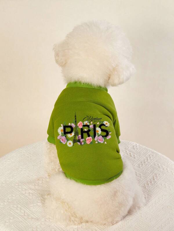 PETSIN 1 pieza de sudadera con capucha para mascotas con estampado de letra floral en verde, gruesa, cálida, a prueba de viento y amigable con la piel