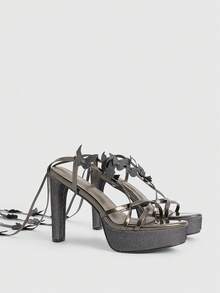 CUCCOO LuxiPop 圆头粗跟打结绑带时尚女士高跟凉鞋 - 深灰色 - 查看 9