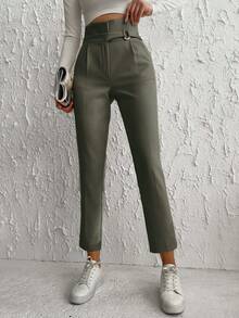 High Waist Belted Suit Pants With Slanted Pockets - Green - View 3